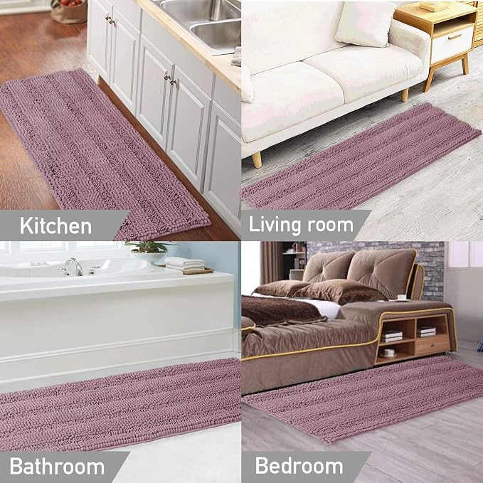 Turquoize Luxury Shaggy Bath Mat Chenille Bathroom Runner Rug Extra Long Non Slip Bath Mat for Bathroom Large Shaggy Bath Rug Runner Extra Soft and Absorbent Indoor Bath Rug, 47 x 17 Inches,Mauve/Rose