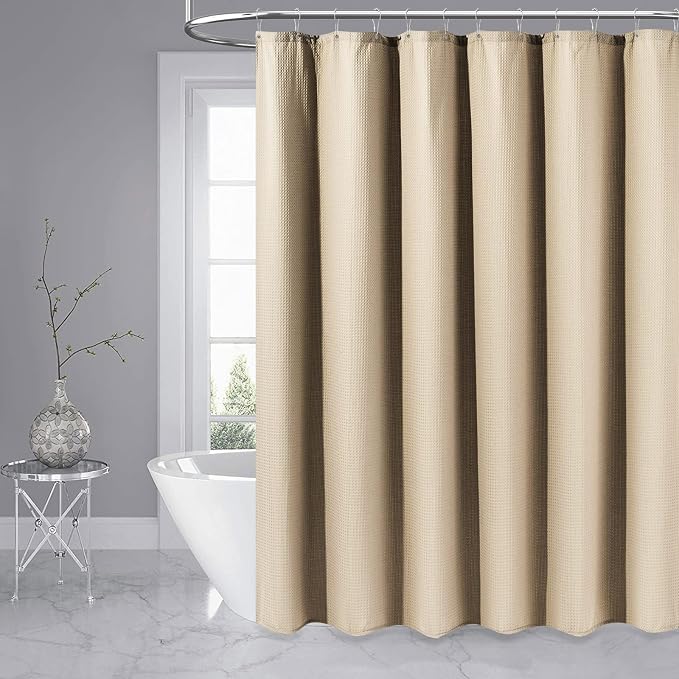 Extra Wide Waffle Shower Curtain 256 GSM Fabric 108x72 Beige/Khaki | 108 Inch Wide, Thick Polyester Cloth, Weighted Hem, Water Repellent, Washable, Hotel Shower Curtain Set for Bathroom 18 Hooks