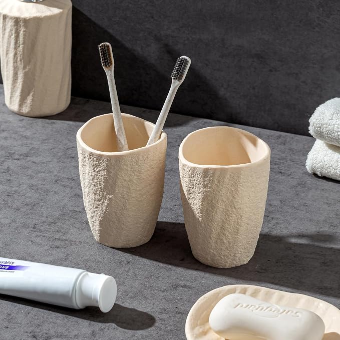 Bathroom Accessories Set, 4 PCS Modern Stone Texture, Yellow | Minimalist, Resin, with Liquid Soap Dispenser 11.5 OZ, Tumblers, Toothbrush Holder, Bar Soap Tray, For Countertop Sink