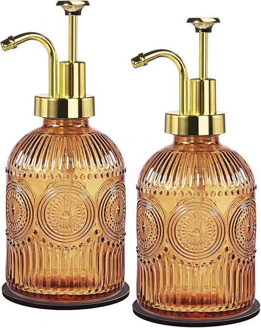 Amolliar 12 Oz Glass Soap Dispenser with Plastic Pump,Brown-Golden,2 Pack | Antique Rustic Hand Liquid Bottle for Bathroom/Kitchen, Vintage/Farmhouse/Boho Style, Pump Dispenser, Refillable