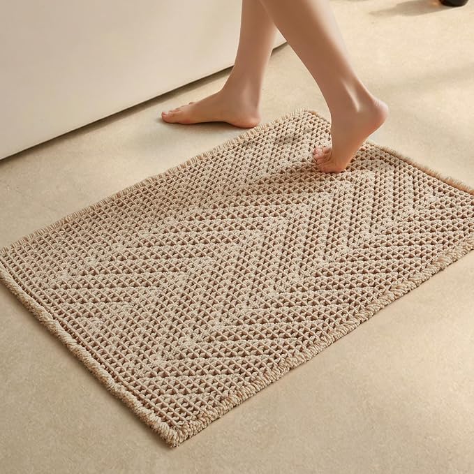 Sunfly Waffle Bath Mat, Boho Bath Rugs for Bathroom Floor Super Absorbent & Quick Dry, Non-Slip Washable Bath Mat with Tassels, Ultra Soft Farmhouse Bathroom Decor 20"*30" Beige