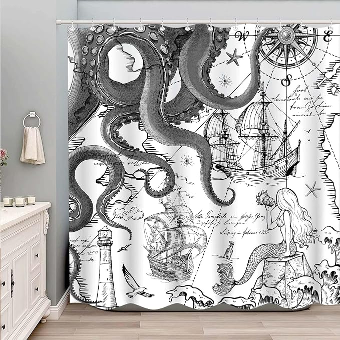 Fungarth Black Gray Nautical Octopus Shower Curtain Grey Mermaid Funny Ocean Kraken Shower Curtains for Bathroom Cool Anchor Coastal Map Waterproof Fabric Bath Curtain with Hooks (Gray, 72” x 72”)