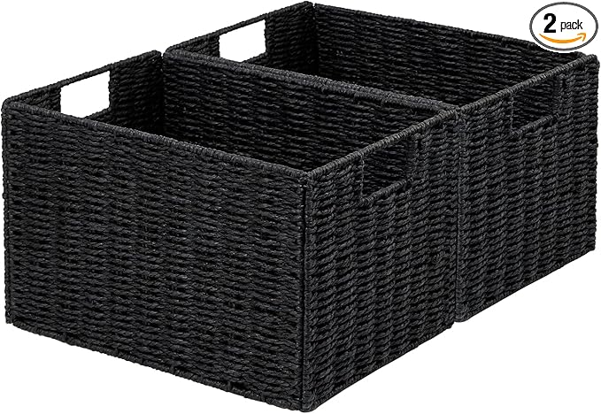 Wicker Storage Basket, Set of 2 Hand-Woven Paper Rope Wicker Basket, Small Storage Baskets for Organizing Toilet Paper Baskets, Foldable Large Cube Storage Organizer Bin for Shelves (Black)