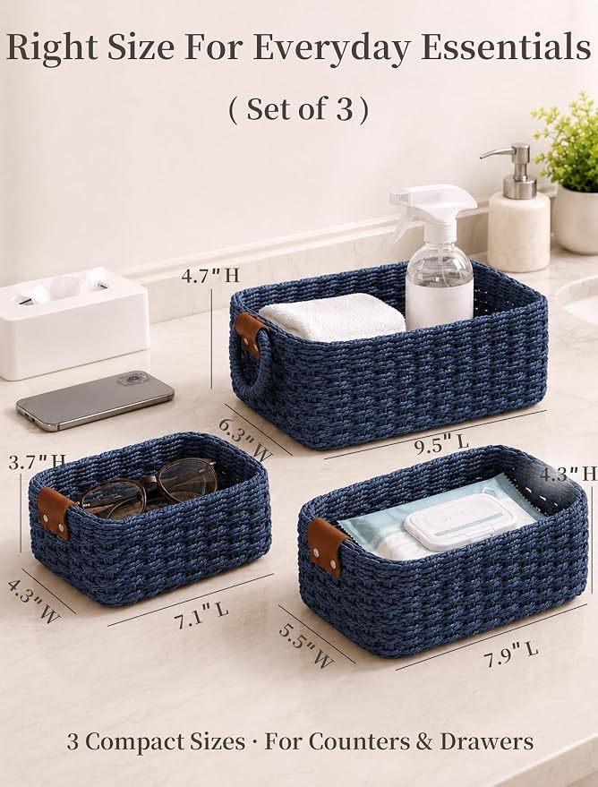 Small Wicker Baskets, 3 PCS Paper Rope Baskets for Shelves, Blue | Recycled Small Baskets, 3 Sizes Woven Baskets for Organizing, Decorative Storage Baskets for Bedroom and Bathroom
