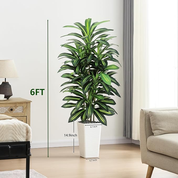 Artificial Dracaena Tree Indoor, 6FT Tall Fake Floor Plants with White Planter & Pebbles, Faux Silk Yucca Tree for Home Office Living Room Bedroom Farmhouse Modern Outdoor Topiary Tree
