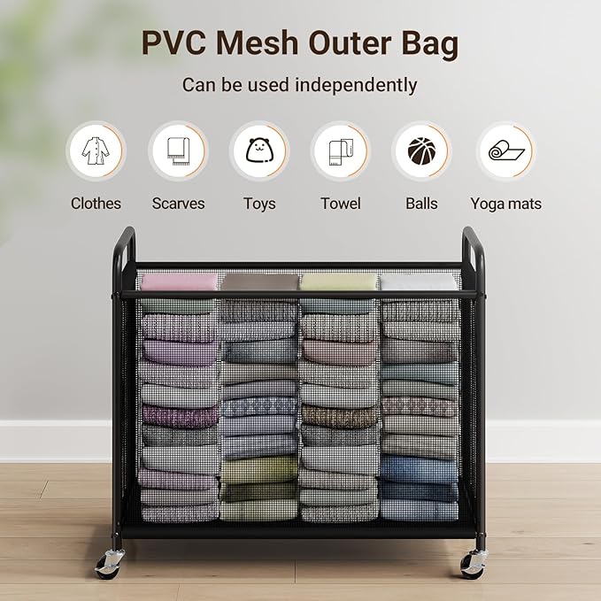 ELYKEN Laundry Hamper 4 Section, 140L Rolling Laundry Sorter with Wheels | Removable Washable Liner Bags, Sturdy Steel Frame and Metal Handle, 4 Divided Clothes Hamper Cart for Laundry Room & Bedroom
