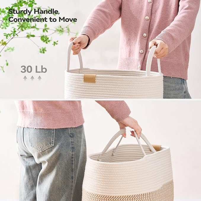 Nunsino 80L Laundry Hamper Basket,Baby Nursery Woven Storage Basket for Toys Bin,Pillows,Blankets,Clothes,Brown&White