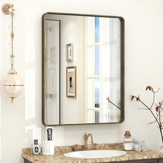 24x30 Inch Brushed Bronze Bathroom Mirror for Wall | Metal Bronze Framed Vanity Mirror, Rounded Rectangle Mirror for Farmhouse, Shatterproof, Anti-Rust (Horizontal/Vertical)