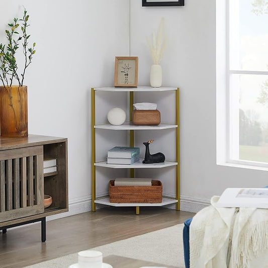 VECELO 31 Inch Corner Shelf, 4-Tier Display Shelves, Wood Storage Stand with Metal Frame, Multipurpose Shelving Unit for Small Space, Home Office,Brushed Gold