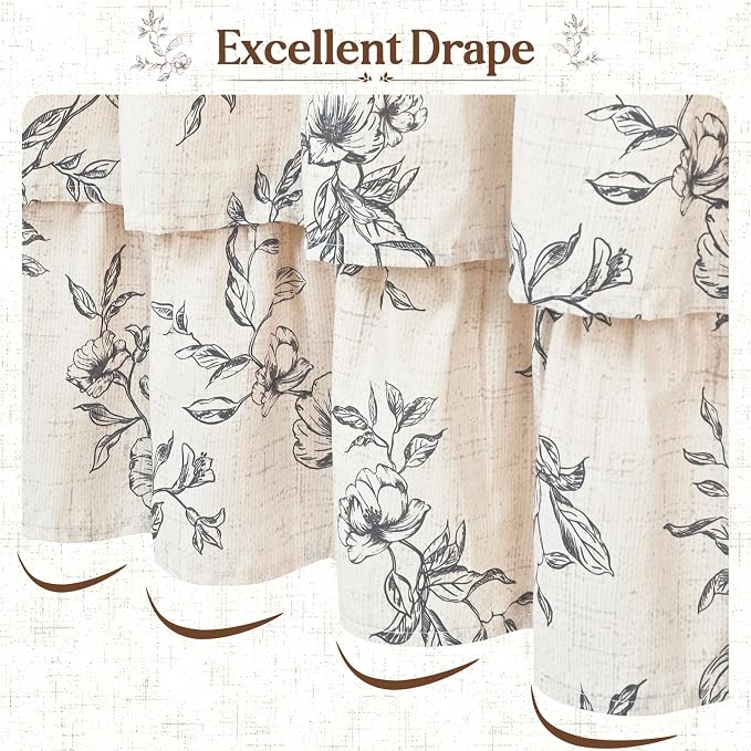 Yinhua Extra Long Farmhouse Ruffle Shower Curtains for Bathroom, 72" Wx90 L | Black Floral Print, Ruflle Design, 12 Metal Hooks, Vintage Rustic Washable Waterproof Shower Curtain for Bathroom Bathtub