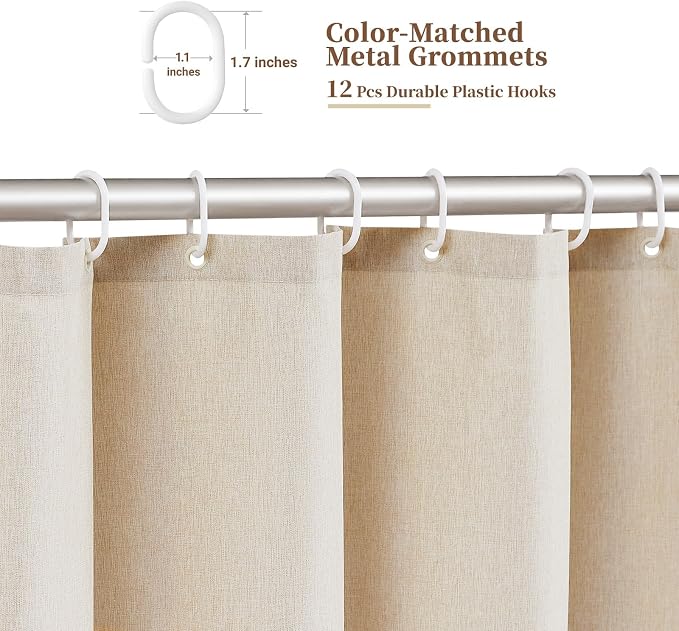72x90 Boho Scalloped Linen Textured Cloth Shower Curtain, Beige/Cream | Long Size, 230GSM Waterproof Polyester, Heavy Duty Fabric, 12 Plastic Hooks, Elegant Modern Farmhouse Style, Machine Washable