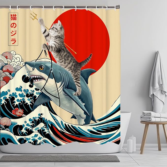 Funny Japanese Cat Shower Curtain, Vintage Cat Riding Shark Japan Anime Sunset Wave Waterproof Shower Curtain with Hooks, Animal Fabric Shower Curtains Bathroom Decor 72X72inches