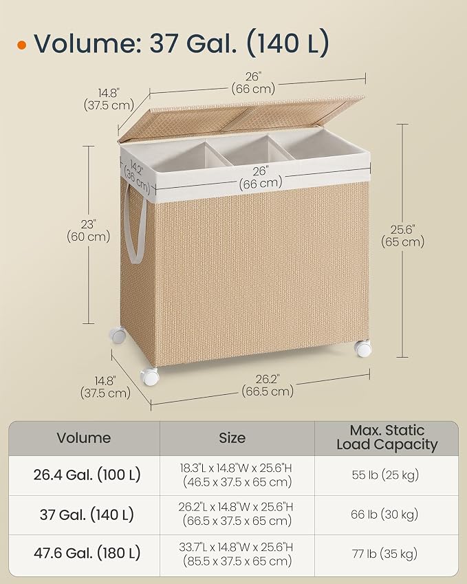 SONGMICS HOME Laundry Hamper with 3 Section, 140 L, Rattan, with Wheels