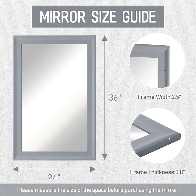 Tanmicoshomy Bathroom Rectangle Mirrors for Wall 24x36 Inch, Gray | Tempered Glass, Wall Art with 4 Pre-Installed D-Ring Hooks,Bedroom, Entryway Wall Decor