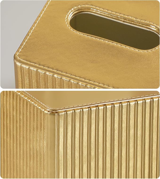 PU Leather Tissue Box Cover Square, Tissue Box Holder Gold | Non Slip Base, with Magnetic Closure, Cube Tissue Cover for Living Room Bathroom Vanity Nightstand Bedroom