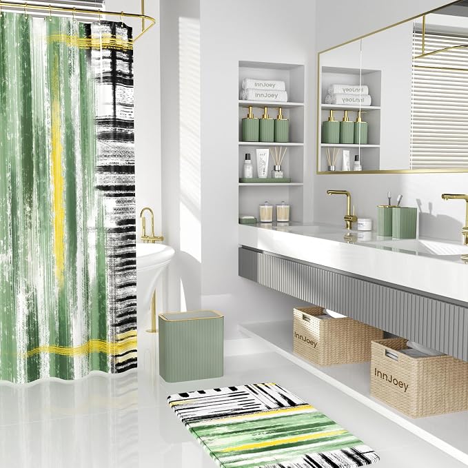 Bathroom Set - Bathroom Accessory Set, Sage Green Bathroom Set, 26PC Bathroom Sets with Shower Curtain and Rugs, Toilet Brush, Trash Can, Qtip Holder & Bathroom Soap Dispenser Set