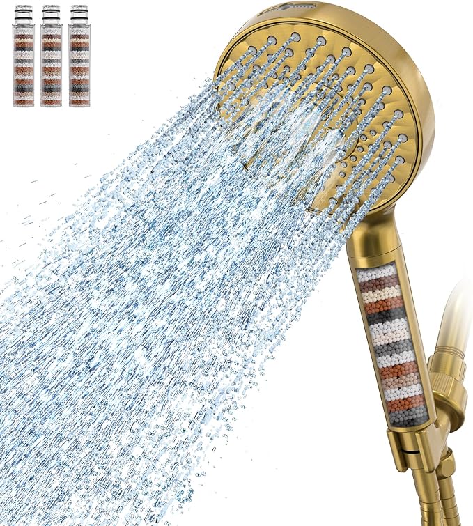 SR SUN RISE Filtered Shower Head with Handheld High Pressure 9 Spray Mode Showerhead Detachable Shower Head Water Softener Filters Beads for Hard Water Remove Chlorine 4 Filters Brushed Gold
