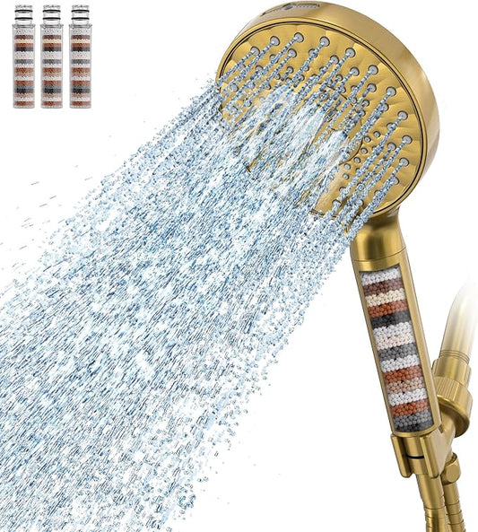 SR SUN RISE Filtered Shower Head with Handheld High Pressure 9 Spray Mode Showerhead Detachable Shower Head Water Softener Filters Beads for Hard Water Remove Chlorine 4 Filters Brushed Gold