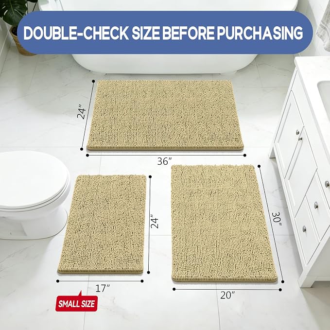 Bcoimo Small Bath Rug Mat,Chenille High Absorbent Beige Bathroom Floor Mats | Non Slip with Rubber Backing 24x17 Bathroom Rug; Machine Washable;Extra Soft Bath Rug;High Absorbent、Quick Dry Microfiber mat