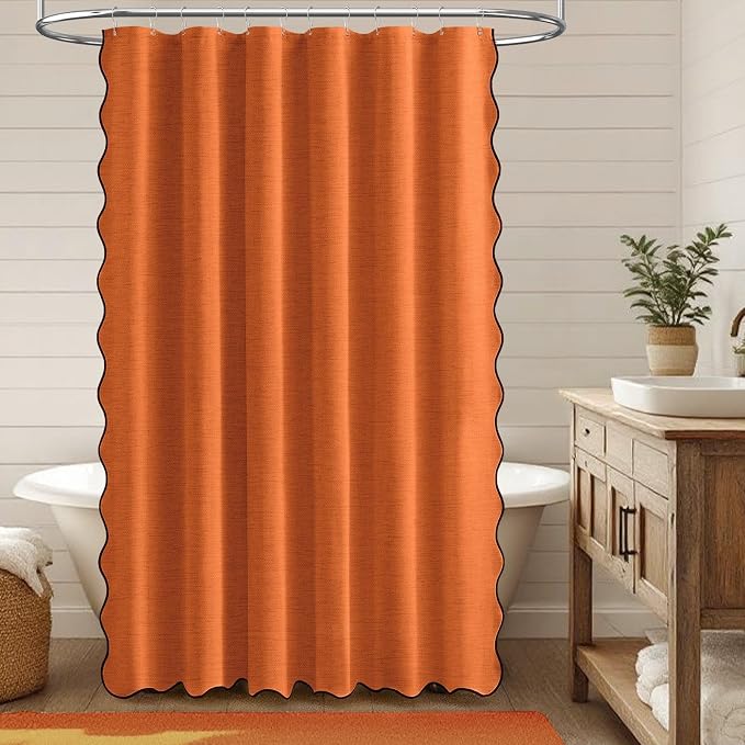 72x78 Boho Scalloped Linen Textured Cloth Shower Curtain, Burnt Orange | Long Size, 230GSM Waterproof Polyester, Heavy Duty Fabric, 12 Plastic Hooks, Elegant Modern Farmhouse Style, Machine Washable