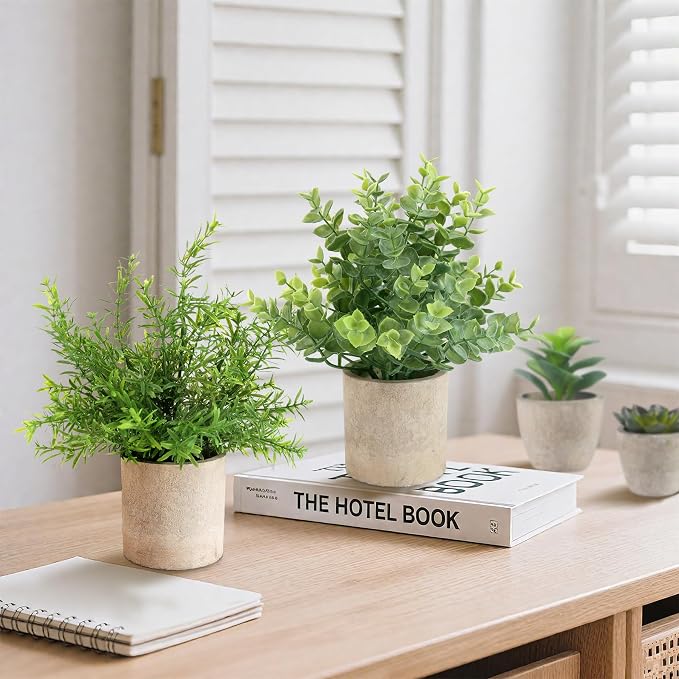 ALAGIRLS 4 Pack Small Fake Plants, 10" Artificial Plants Indoor | Eucalyptus/Rosemary/Succulents, Fake Plants for Farmhouse，Bathroom，Bedroom，Kitchen，Office Living Room Decor