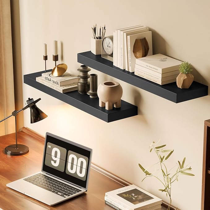 BAMEOS Bamboo Floating Shelves Wall Mounted Wooden Shelves with Invisible Brackets Set of 2, Hanging Wall Decor for Bedroom, Bathroom, Living Room and Kitchen