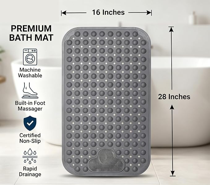 Bath Tub Mat Shower Mat Non Slip Bathtub Mats with Suction Cups Bath Mat for Tub Bathroom Mats 28" X 16" Machine Washable (Gray)