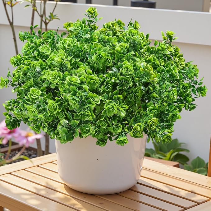 Artificial Plants for Outdoors Outside Spring Summer Decoration, 12 Bundles Faux Green Plastic Leaves Stems Bulk Fake Greenery Look Real UV Resistant for Home Porch Patio Planter Yard Wedding