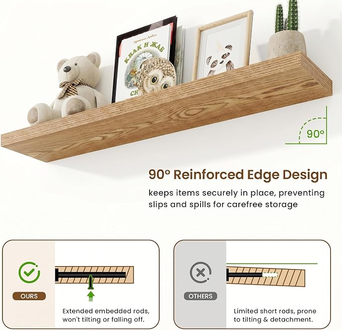 9.25in Depth 48in Floating Shelves, 48x9.25x1.4, Light Brown, Set of 2 | Long Wall Mounted Engineered Wood Shelves with Invisible Brackets for Living Room, Bedroom, Bathroom, Kitchen
