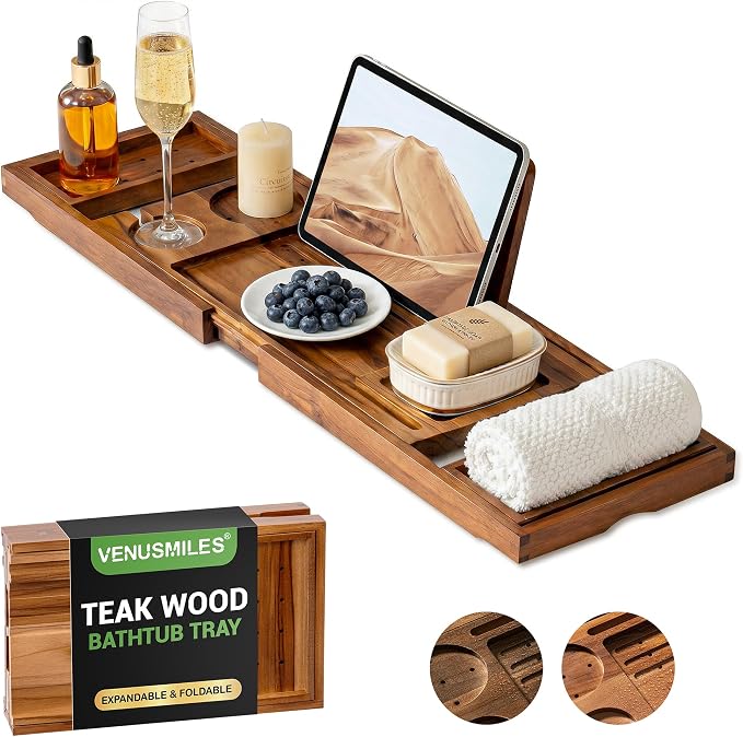 Teak Bathtub Tray Caddy, Foldable Bath Tray with Expandable Handles, Wine Glass and Phone Holders, Book Stand, for Home Spa Relaxation, Luxury Bathroom Accessories - Light Walnut Color