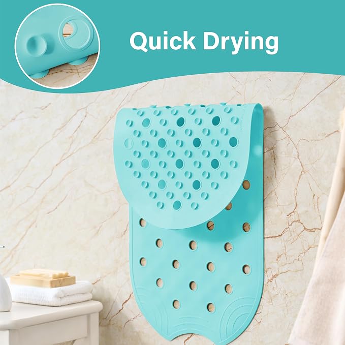 Rubber Bathtub Mat Shower Mat Non-Slip, 31x14 Inch, Bath Tub Floor Mat with Suction Cups and Drainage Holes, Turquoise