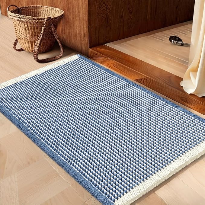 Waffle Bath Mat Blue & Cream 36"x24", Boho Woven Modern Bath Mat Rugs, Absorbent Non Slip Bathroom Rugs, Soft Washable Bath Rugs with Tassels for Bathroom, Bedroom, Kitchen, Shower, Tub