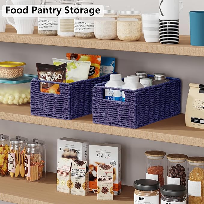 Wicker Storage Basket, Set of 2 Hand-Woven Paper Rope Wicker Basket, Small Storage Baskets for Organizing Toilet Paper, Foldable Small Cube Organizer Bins for Shelves (Purple)