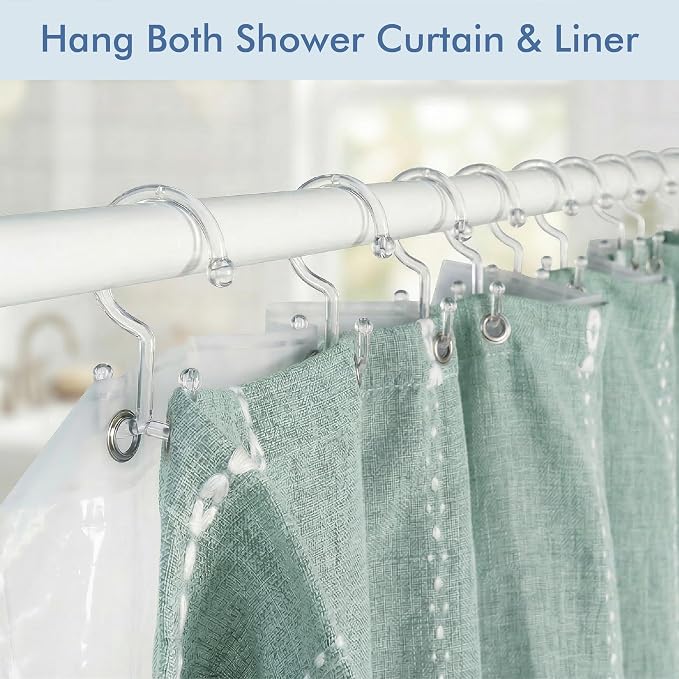 Bathway Clear Plastic Shower Curtain Hooks, 12 Double Shower Curtain Rings | Hang Both Shower Curtain & Liner, Waterproof, Rust-proof, Sturdy, Durable, Flexible, Multifunctional, Universal, Easy to Use