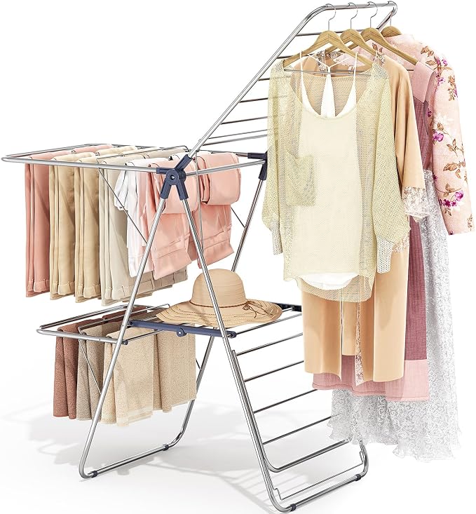 Large Stainless Steel Clothes Drying Rack with 4 Wings | Drying Rack Clothing with Height-Adjustable, Foldable Gullwings, Indoor Outdoor Use, No Assembly, Regular Blue