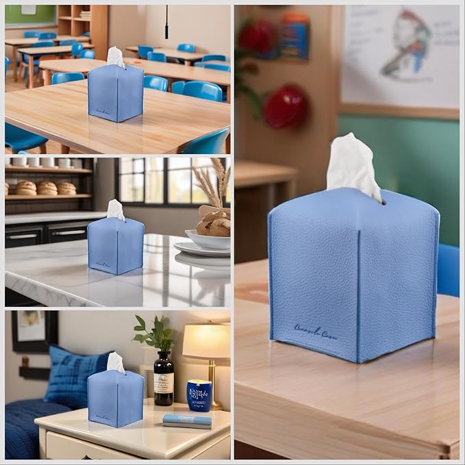 Premium PU Leather Tissue Box Holder - Elegant Hotel-Style Tissue Box Cover for Home, Office & Car Décor, Tissues Cube Organizer for a Natural & Classic Look (Sky Blue 2 Pack)