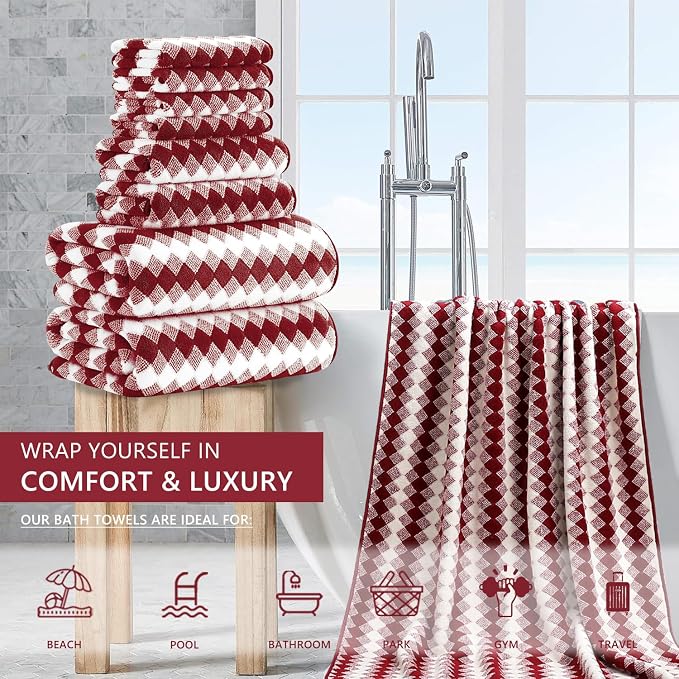 8 Piece Bathroom Towel Set |2 Oversized Bath Towels,2 Hand Towels,4 Washcloths| 600GSM Soft Hotel Towel Set Large Bath Sheet for Bathroom,Highly Absorbent Quick Dry Bath Towel Collections,Burgundy