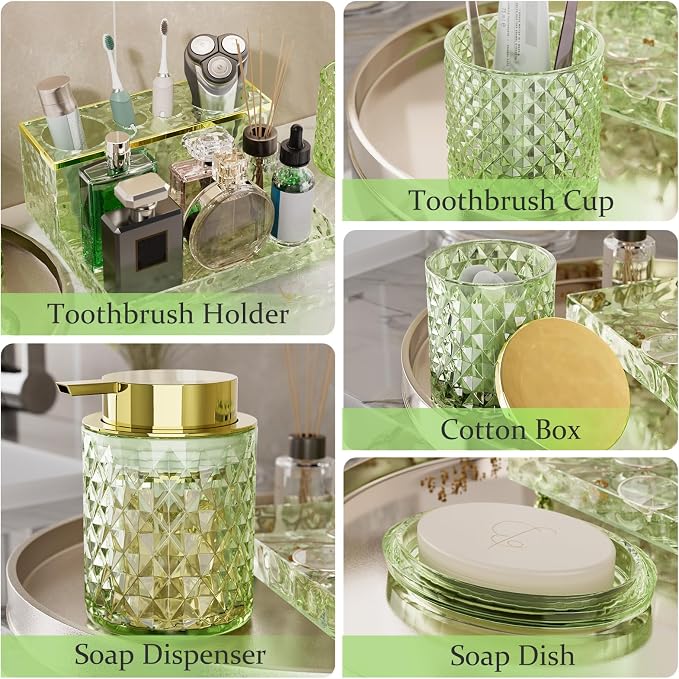 Glass Bathroom Accessories Set 5Pcs Crystal Green - Foaming Soap Dispenser, Soap Dish, Cup, Acrylic Toothbrush Holder with Tray Organizer, Cotton Swab Jar, Bathroom Counter Set Sink Decor