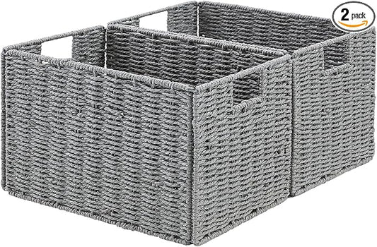 Wicker Storage Basket, Set of 2 Hand-Woven Paper Rope Wicker Basket, Small Storage Baskets for Organizing Toilet Paper Basket, Foldable Large Cube Storage Organizer Bins for Shelves (Grey)