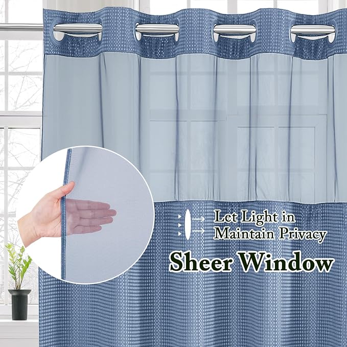 No Hook Cloth Moonlight Blue Shower Curtain with Liner, 72x86 | Snap-in Fabric Liner, Hotel Style with Mesh Top Window, Waterproof Coating, Machine Washable, Rustproof Grommets
