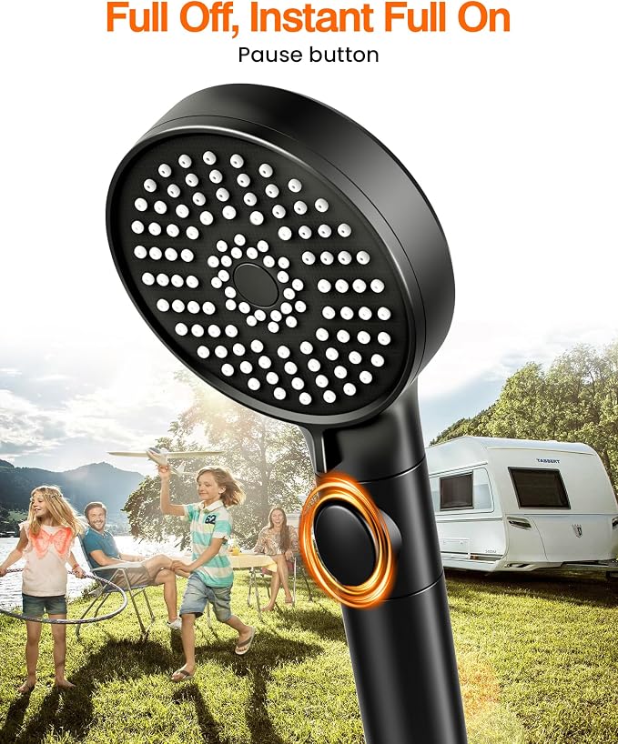 RV Shower Head with Hose, High Pressure Handheld RV Shower Head Replacement with On Off Switch,5 Modes,Power Jet, Camper Showerhead for RV,Travel Trailer,Motorhome,Boat,Black