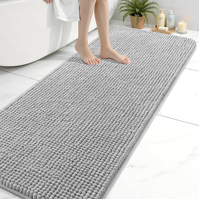 Arotive Chenille Bathroom Rugs 70x24, Soft Absorbent Bath Mat, Light Grey | Rubber Backing, Machine Washable Dry Bath Mats for Bathroom Floor, Tub and Shower, Home Decor Accessories