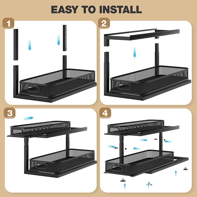 2-Pack 21.3 IN Depth Under Sink Organizer With Next-Gen Ball-Bearing Slides,Sophisticated Mesh 2-Tier Pull Out Shelf for Kitchen & Bathroom,Fits Small Items-Black