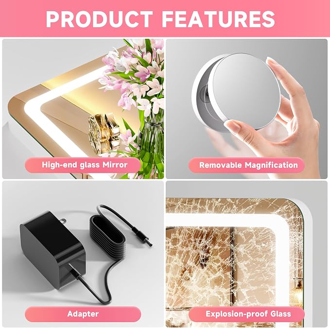 Vanity Mirror with Lights, 32" x 22" LED Makeup Mirror with 10X Magnification, Dimmable 3 Modes, Memory Function, Smart Touch, USB Charging Port, Lighted Makeup Mirror Round White