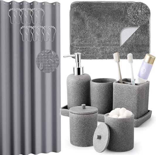 21 Pcs Bathroom Accessory Set with Waterproof Shower Curtain and Non Slip Mat, Black Resin Bath Set with Toothbrush Holder and Lotion Soap Dispenser,Bathroom Countertop Organizer Set