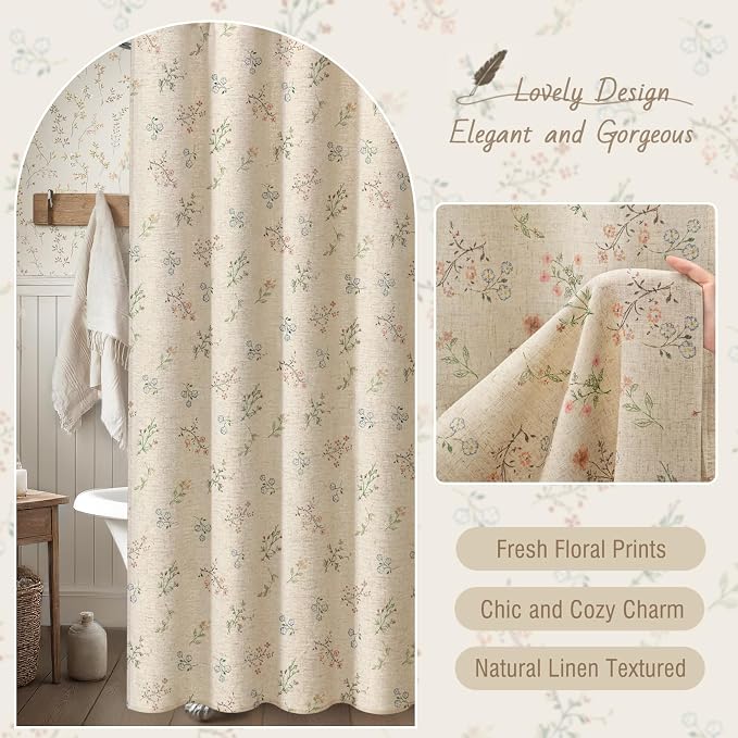 Floral Farmhouse Vintage Linen Shower Curtain, French Country Spring Shower Curtains for Bathroom, 72Wx72H