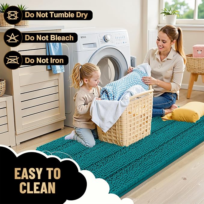 OLANLY Thick Bathroom Rugs 30x20, Chenille Striped Bath Rugs, Deep Lake | Rubber Backing, Machine Wash, Extra Soft Absorbent Bath Mats for Bathroom Floor, Tub and Shower, Home Decor Accessories