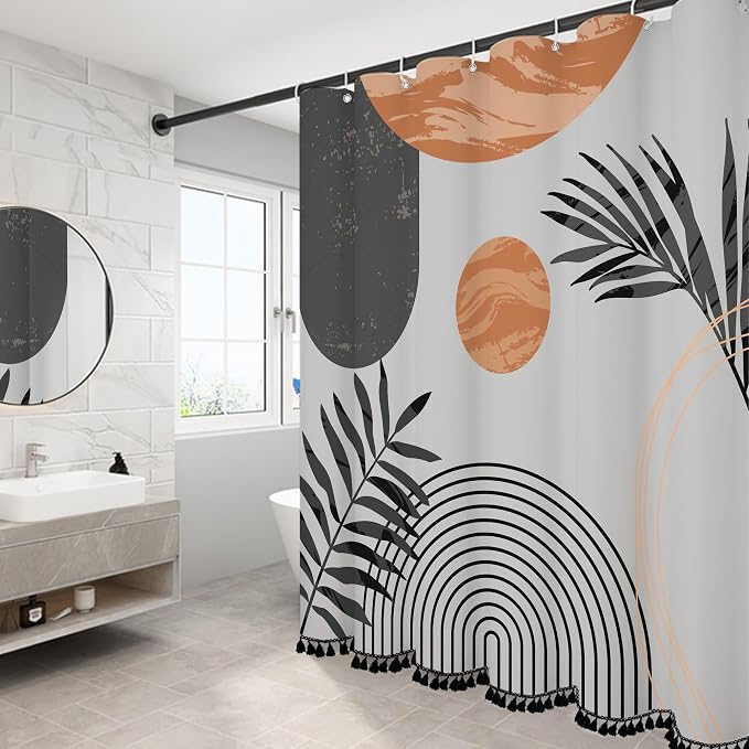 Boho Mid Century Leaf Shower Curtain Set,Arch Sun Design,Minimalistic Leaves Pattern,Waterproof and Luxurious Fabric-12 Hooks(Grey-72" x 84")