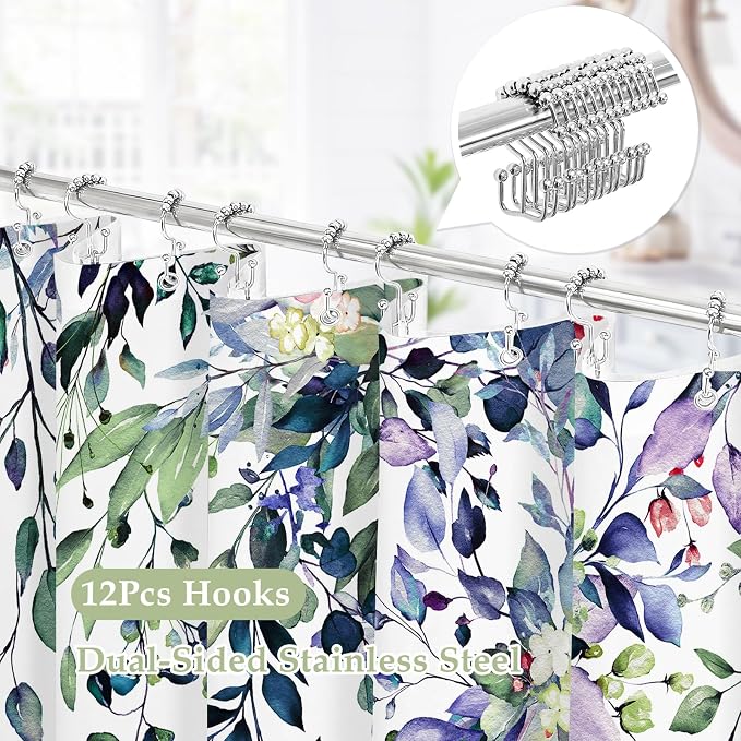 3 in 1 Shower Curtain Set, Green Eucalyptus Curtain 72x72 | Bath Curtain and PEVA Liner Set with 12 Metal Hooks, Waterproof Fabric Bathroom Decor, Machine Washable, Rustproof Grommets