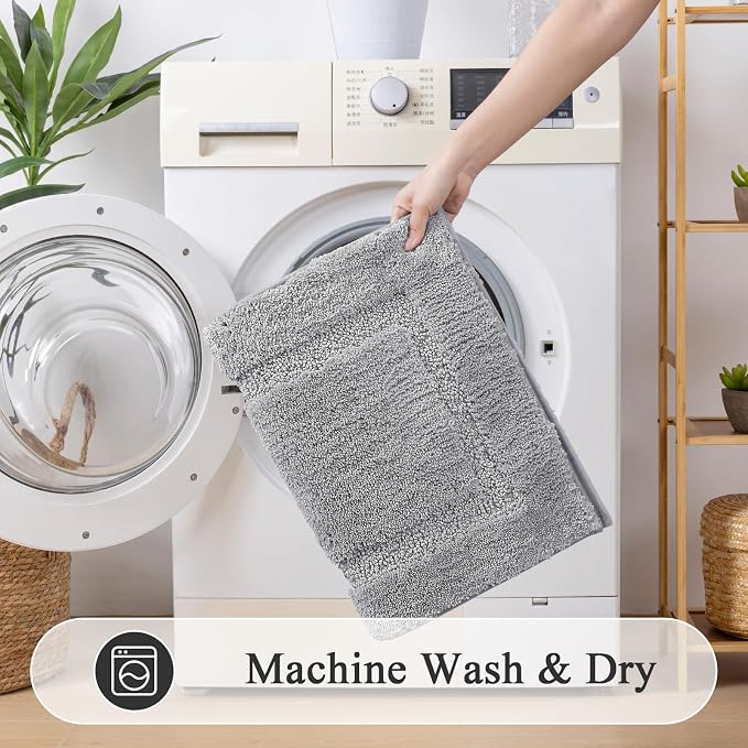 SHACOS Soft Microfiber Bathroom Rugs Set of 2 Pieces, Light Grey | 47x20 + 32x20, Absorbent Plush Bath Rugs, Non Slip Washable Shaggy Bath Mats, Fluffy Bathroom Runner Floor Mats Shower Rug